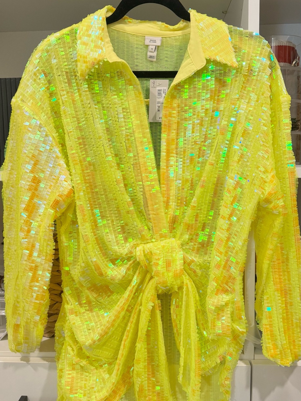 River Island Neon Yellow Sequin Tie-Front Button Down Top